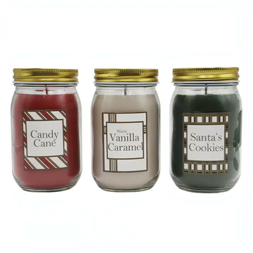 Scented Candles Holiday Collection in 18 Oz. Glass Jars (3 Count) - Candy Cane, Warm Vanilla Caramel, Santa's Cookies.